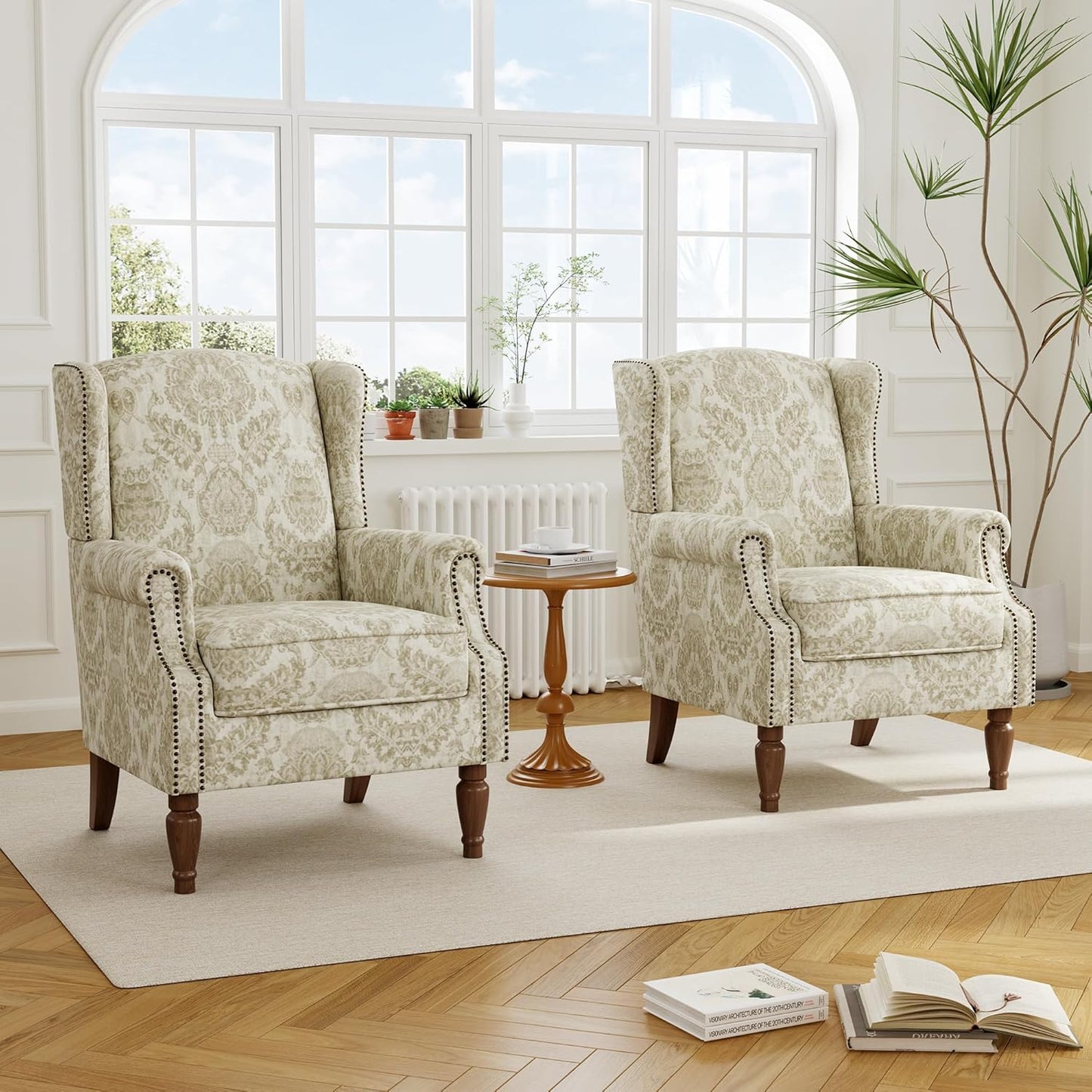 Swivel Rocker Recliner Chair, Manual Nursery Glider Recliner, Floral Fabric Wingback Accent Chair with Adjustable Backrest & Footrest for Small Spaces Living Room Bedroom (Plants Floral, Set of 1)