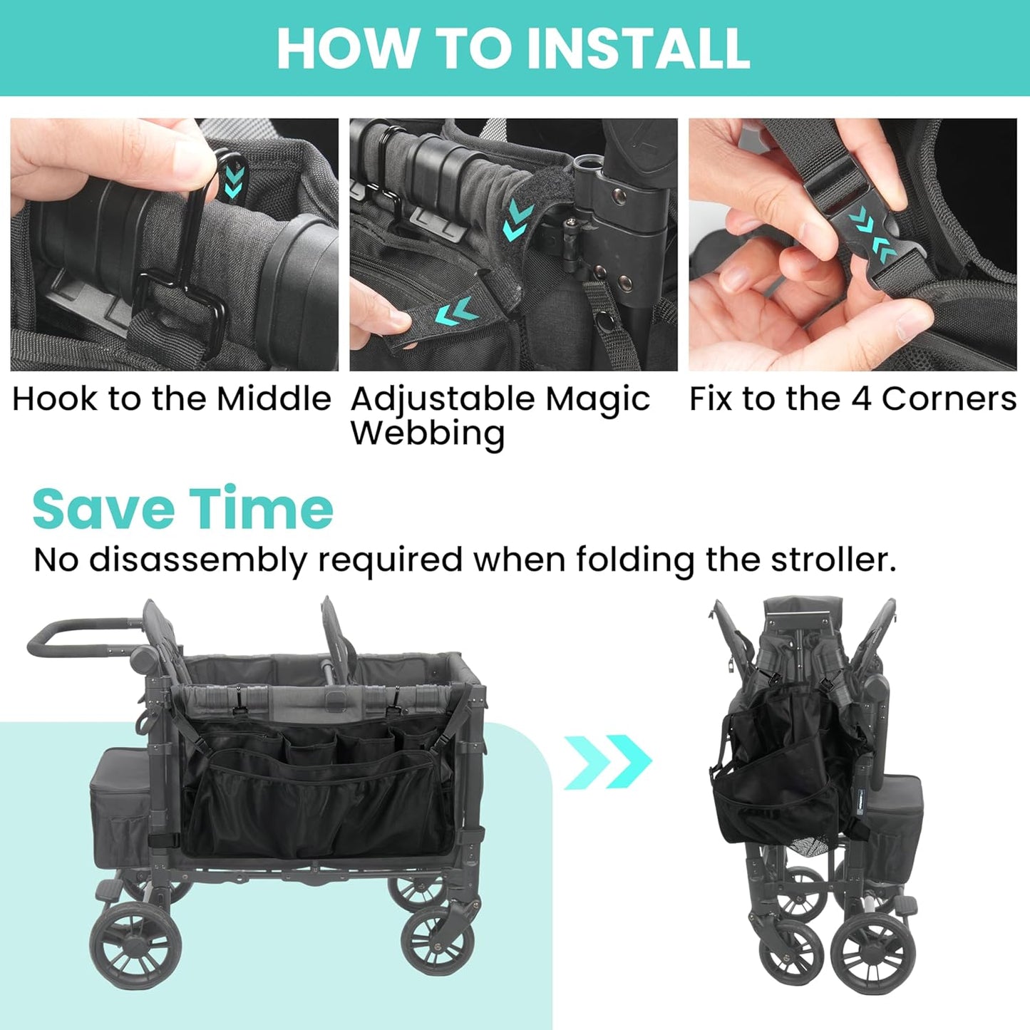 Stroller Wagon Cargo Net and Organizer Compatible with Wonderfold W2 & W4, Double-Layer Expandable Storage Net with Zippered Pockets, Foldable Wagon Accessories, Heavy-Duty Mesh (1 Pack)