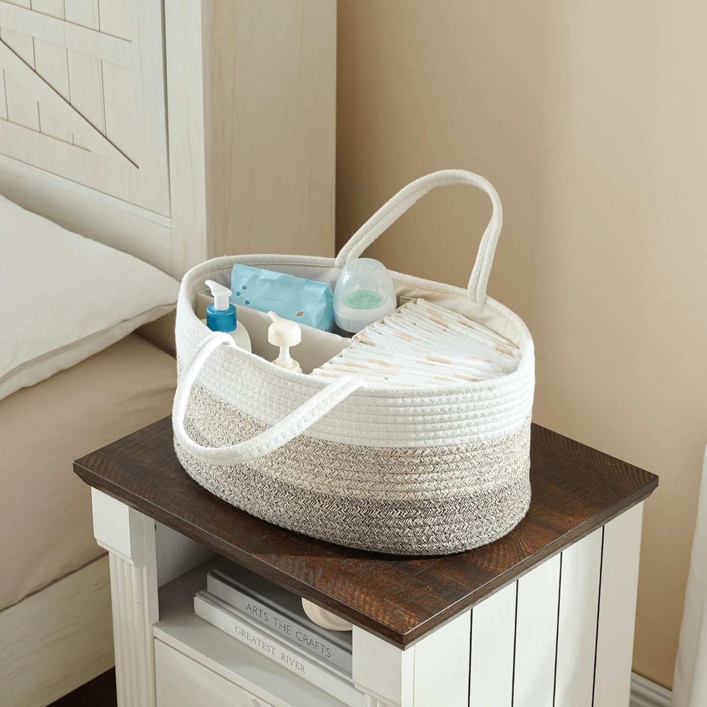 luxury little Diaper Caddy Organizer, Large Cotton Rope Nursery Baby Basket, Changing Table Organizer for Baby Diaper Storage, Portable Car Organizer Removable Divider (Off White, Large)