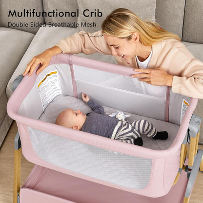 TotRun Bassinet Bedside Sleeper, Rocking Bassinets with Comfy Mattress and Wheels for Newborn, 5-Height Adjustable (Black)