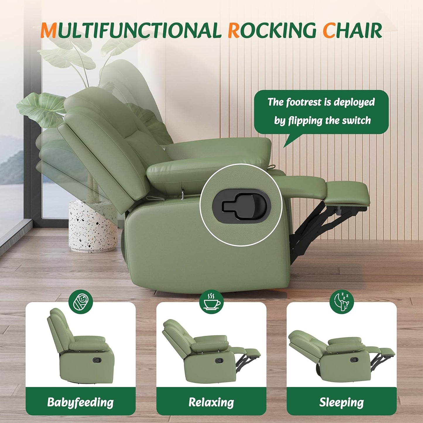 AILEEKISS Nursery Glider Recliner Chair with Adjustable Armrests, Swivel Rocking Recliner for Breastfeeding Moms, 360° Swivel, 30° Rocking, 90°-160° Recline, Easy-Clean Nursery Chair(White)