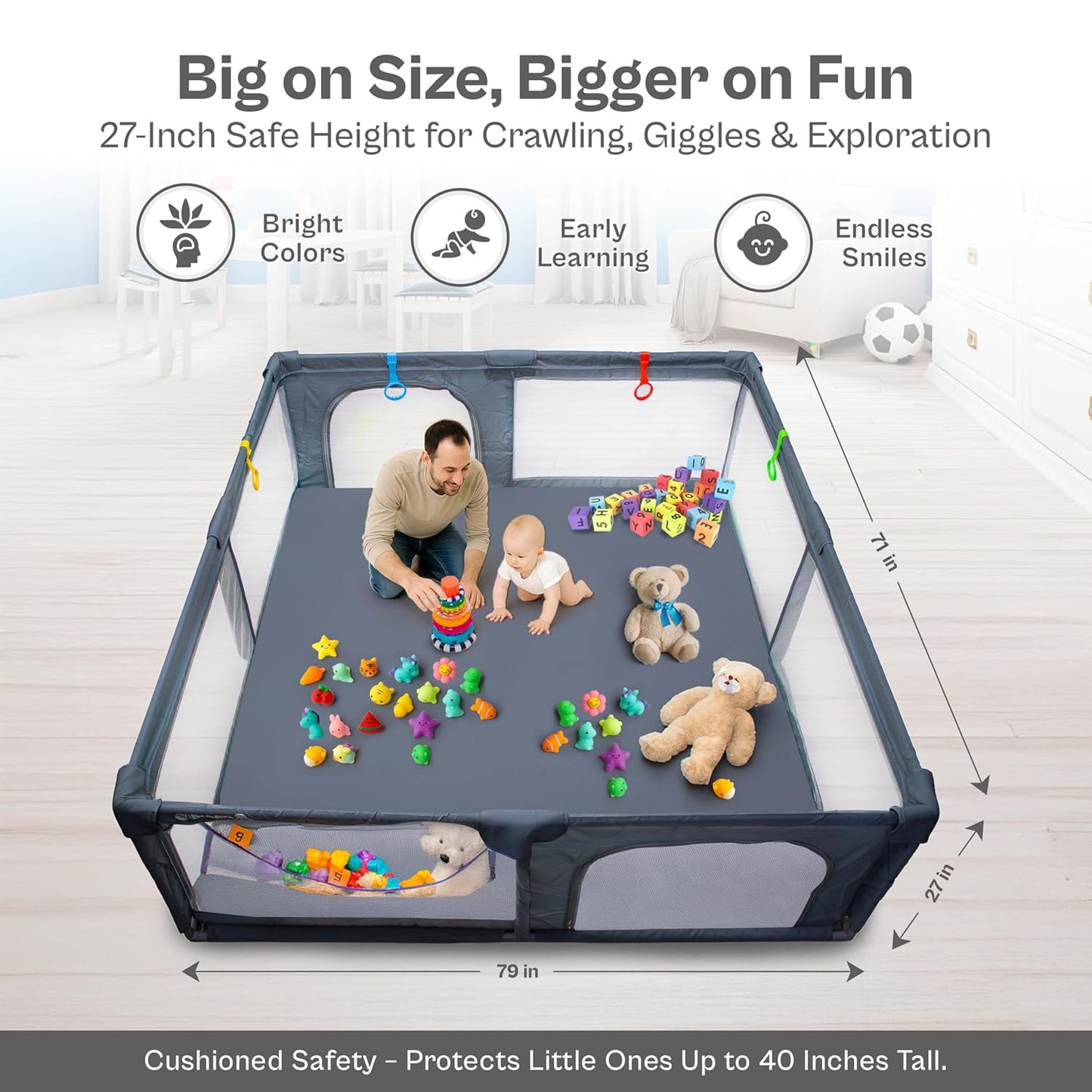 Baby Playpen 71x59 Inch Large Playpen for Babies and Toddlers Baby Playard with Zipper Gates Safety Fence Play Pen Play Yard with Soft Breathable Mesh Indoor & Outdoor Kids Activity Center Dark Gray