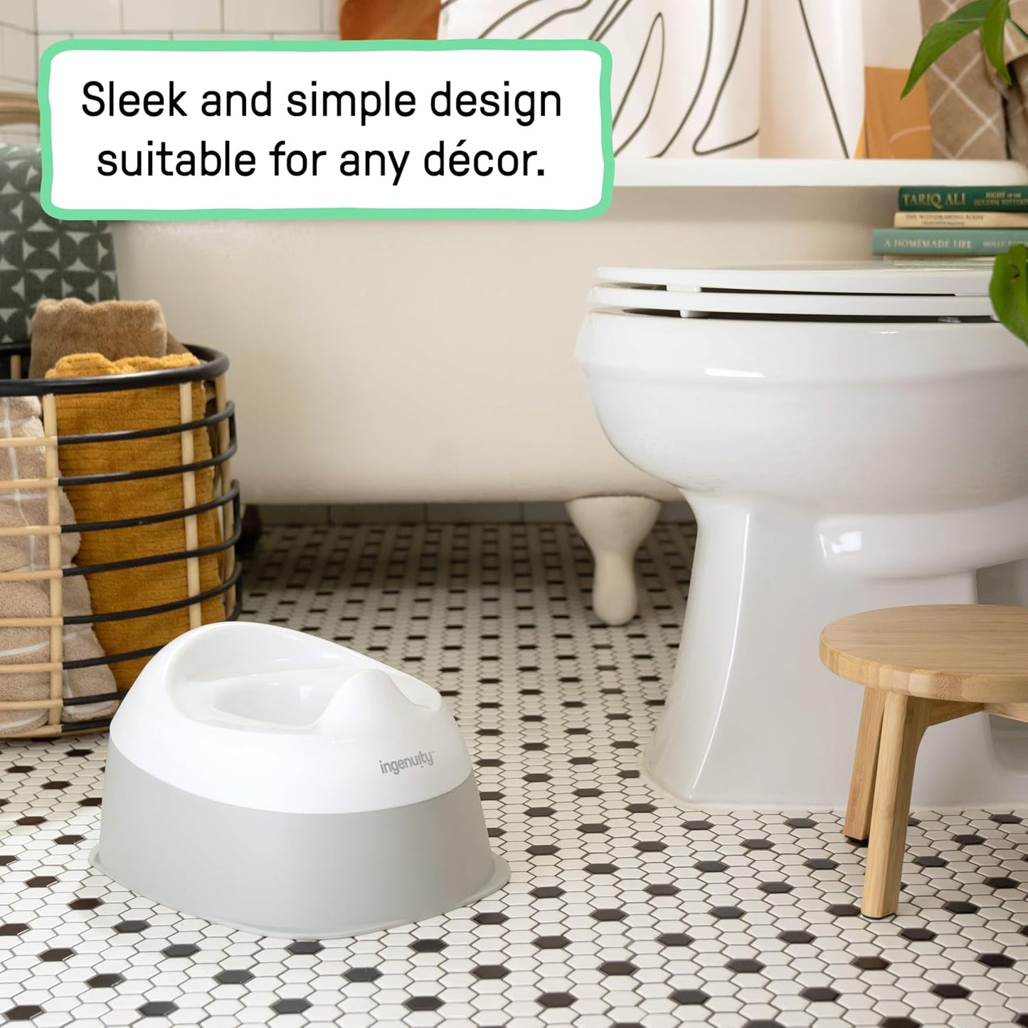 Ingenuity Ready Set Go Potty Training Toilet, Removable Bowl, Non-Skid Bottom, Wide Stable Base, Age 18 Months & Up, White & Grey