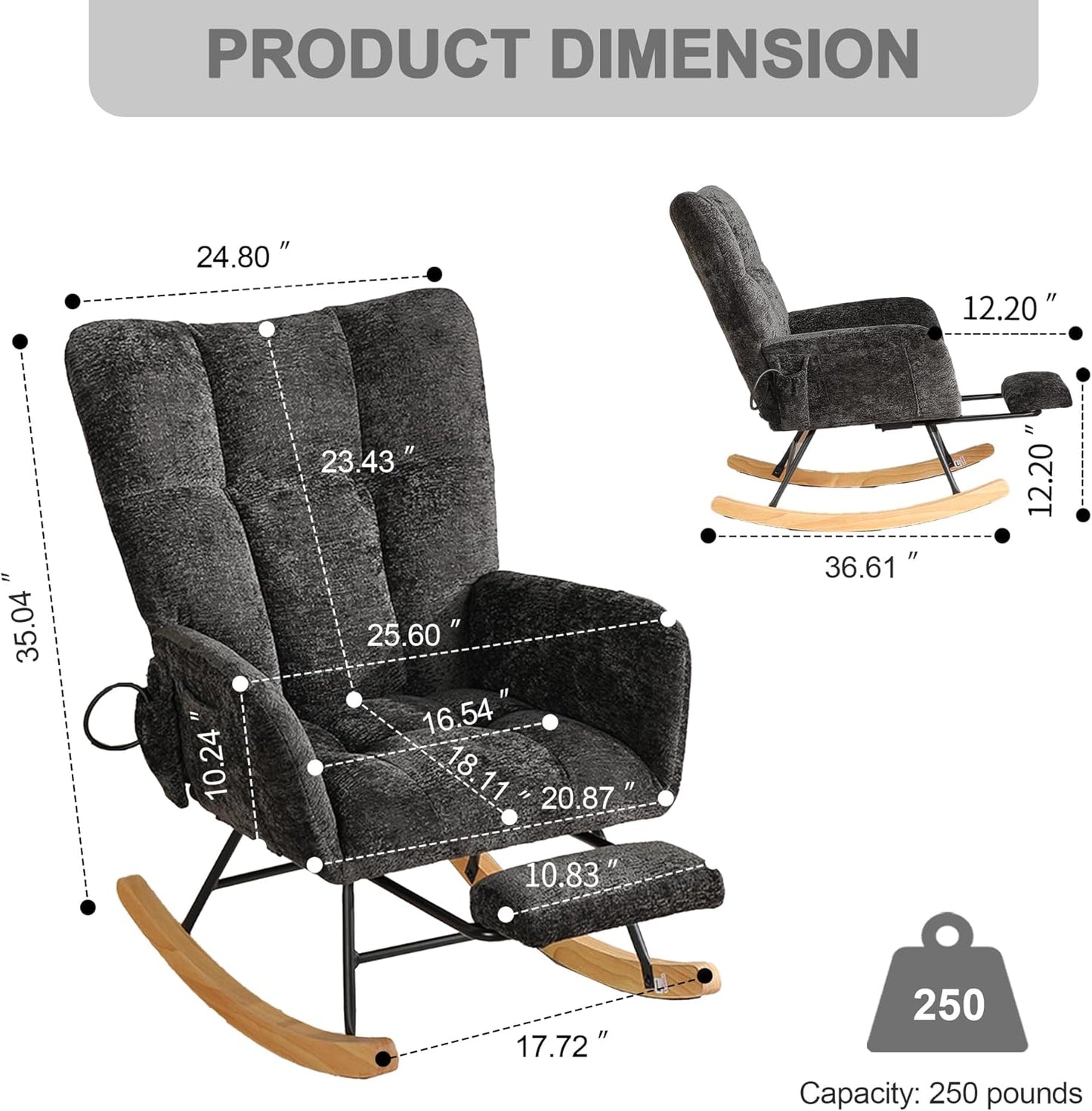 Rocking Chair Nursery with Airbag, Comfy Modern Nursery Rocking Reading Chair indoor with Footrest, Cozy Upholstered Glider Rocker Chairs for Living Room Bedroom Offices(Chenille, Dark Grey)