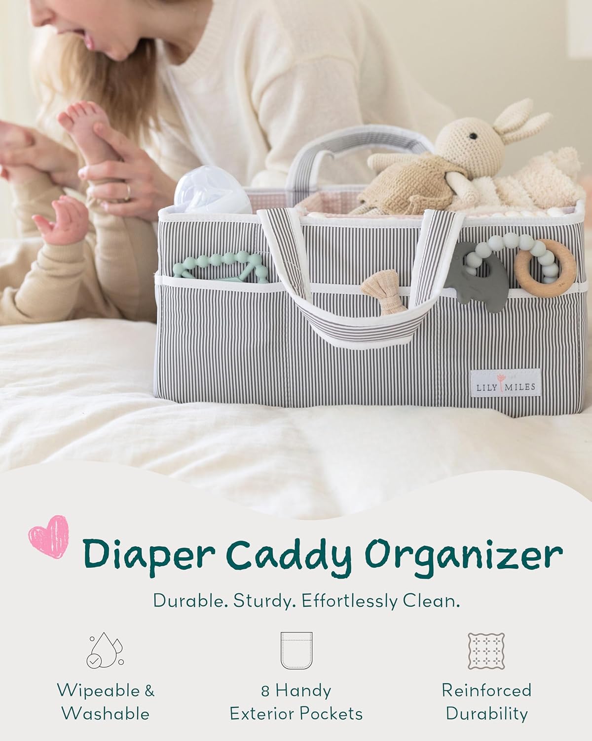 Lily Miles Baby Diaper Caddy Organizer - Large Tote Bag for Newborn essentials Boy or Girl - Baby Shower Basket - Nursery Must Haves - Registry Favorites - Newborn Caddie Car Organizer