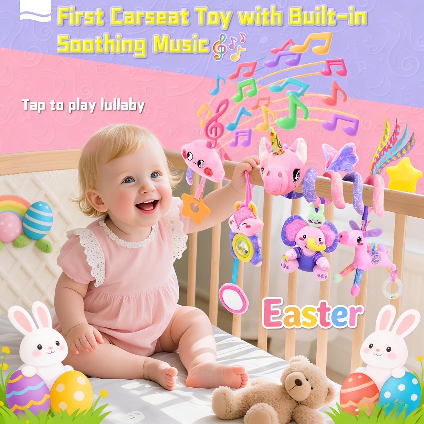 Musical Car Seat Toy for Babies 0-12 Months Girl, 5-in-1 Sensory Activity Hanging Toy Stroller Toy with Soothing Music, Rattle, Mirror for Newborn Infants Essential Gifts, Unicorn