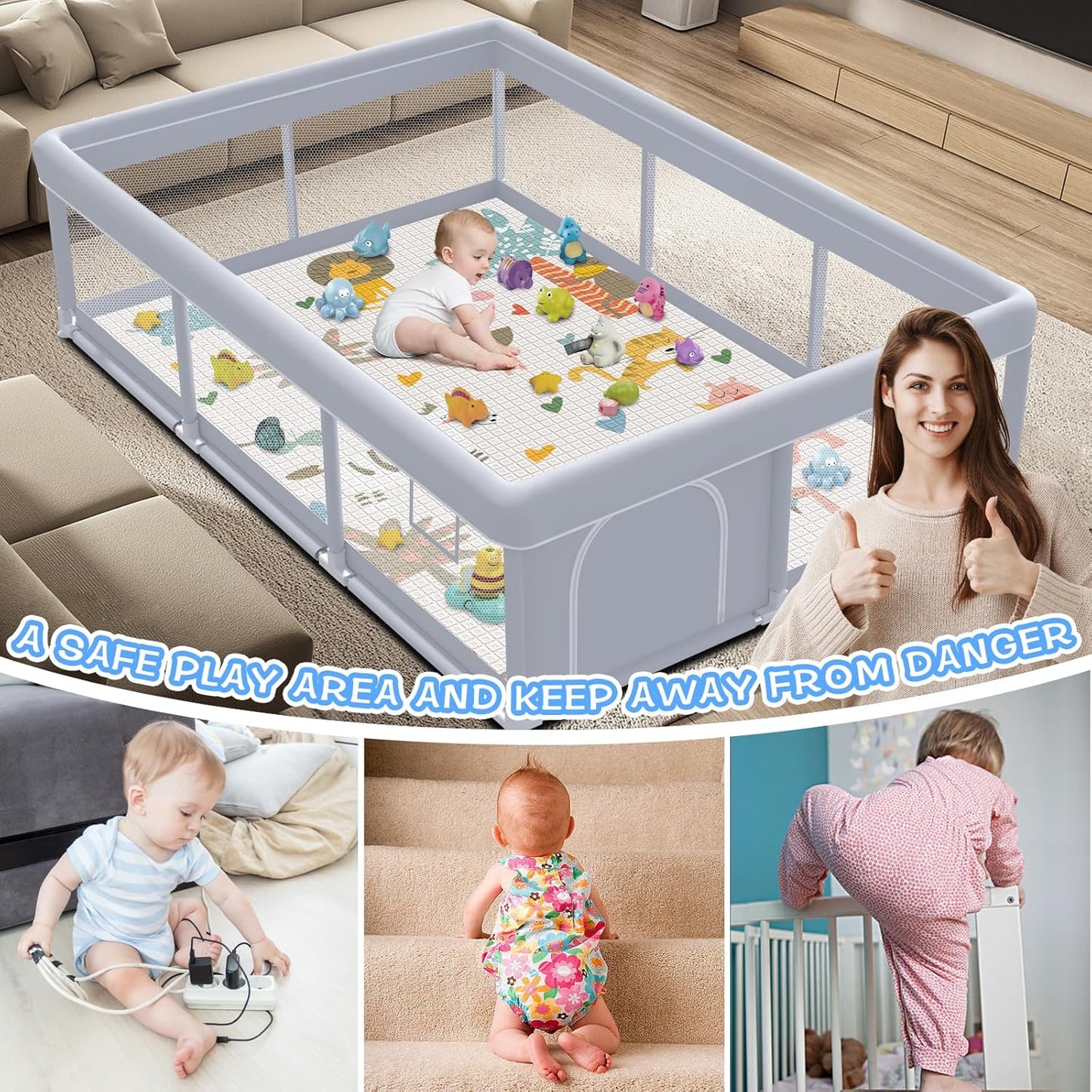 XVISHX Baby Playpen 50 x 50 Inch Play Pen Playards, Playpen for Babies and Toddlers, Baby Playard for Indoor & Outdoor Active Center Game Fence, with Skin-Friendly Fabric and Soft Breathable Mesh Grey