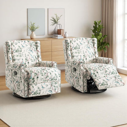 Swivel Rocker Recliner Chair, Manual Nursery Glider Recliner, Floral Fabric Wingback Accent Chair with Adjustable Backrest & Footrest for Small Spaces Living Room Bedroom (Plants Floral, Set of 1)
