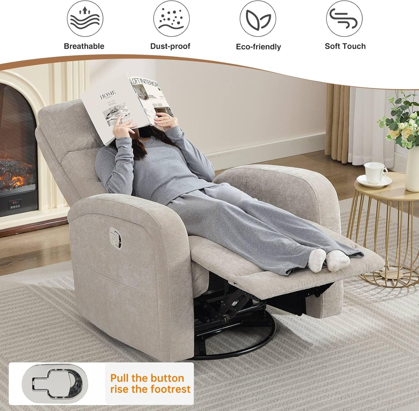 Power Swivel Rocker Recliner Chair for Nursery, Swivel Reclining Rocking Chairs, Electric Glider for Living Room, Upholstered Recliner Chairs for Bedroom, Corduroy White