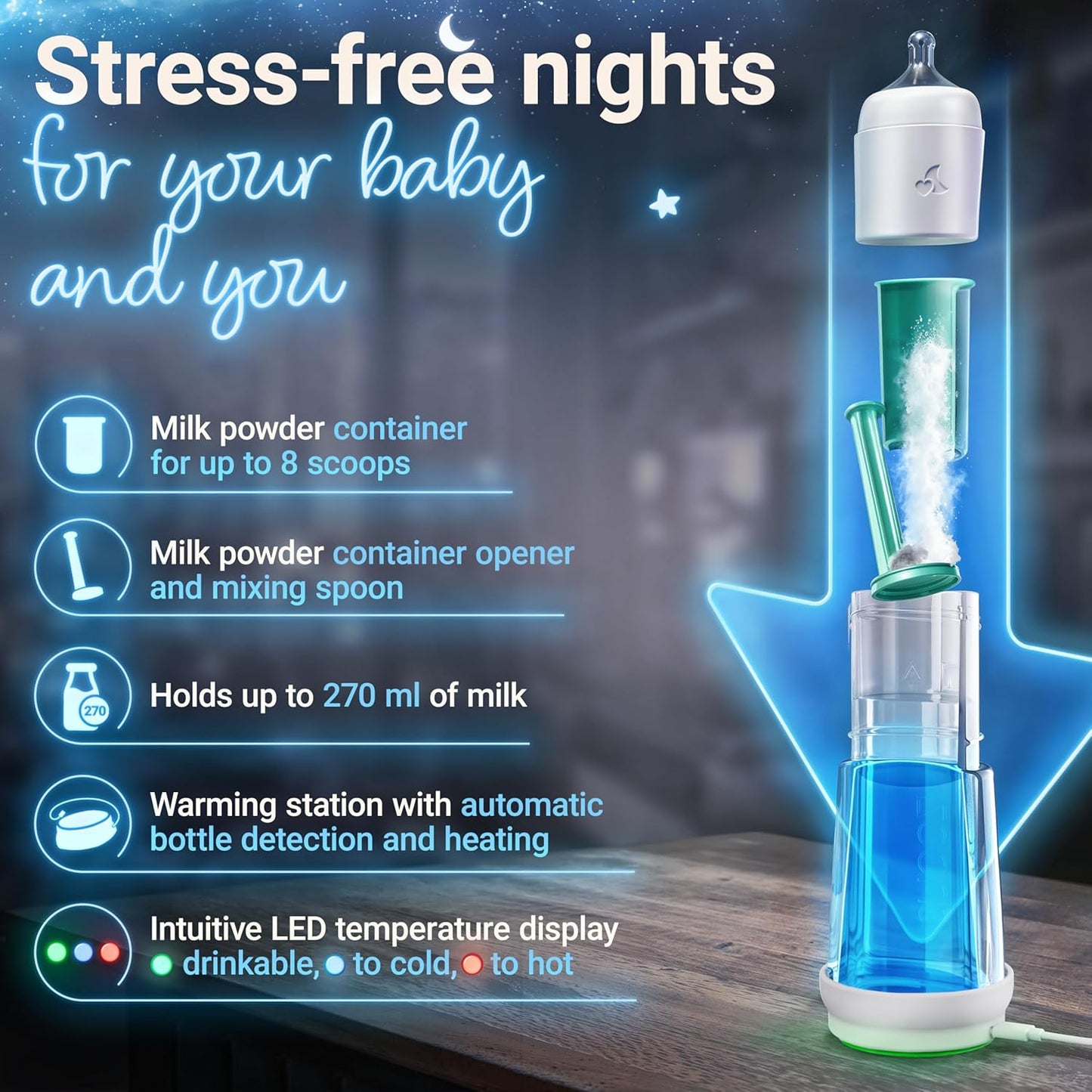 SNOOZI Set of 1 – Baby Night Bottle with Bottle Warmer – Baby Bottle with Integrated Formula Dispenser for Stress-Free Night Feedings (1 Bottle per Night)