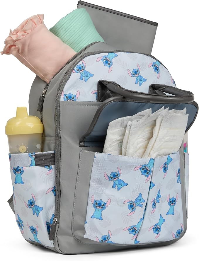 Disney Diaper Bag Backpack with Changing Pad Stich – 16” Nylon Baby Bag for Parents, Insulated Bottle Holders, Multiple Storage Pockets