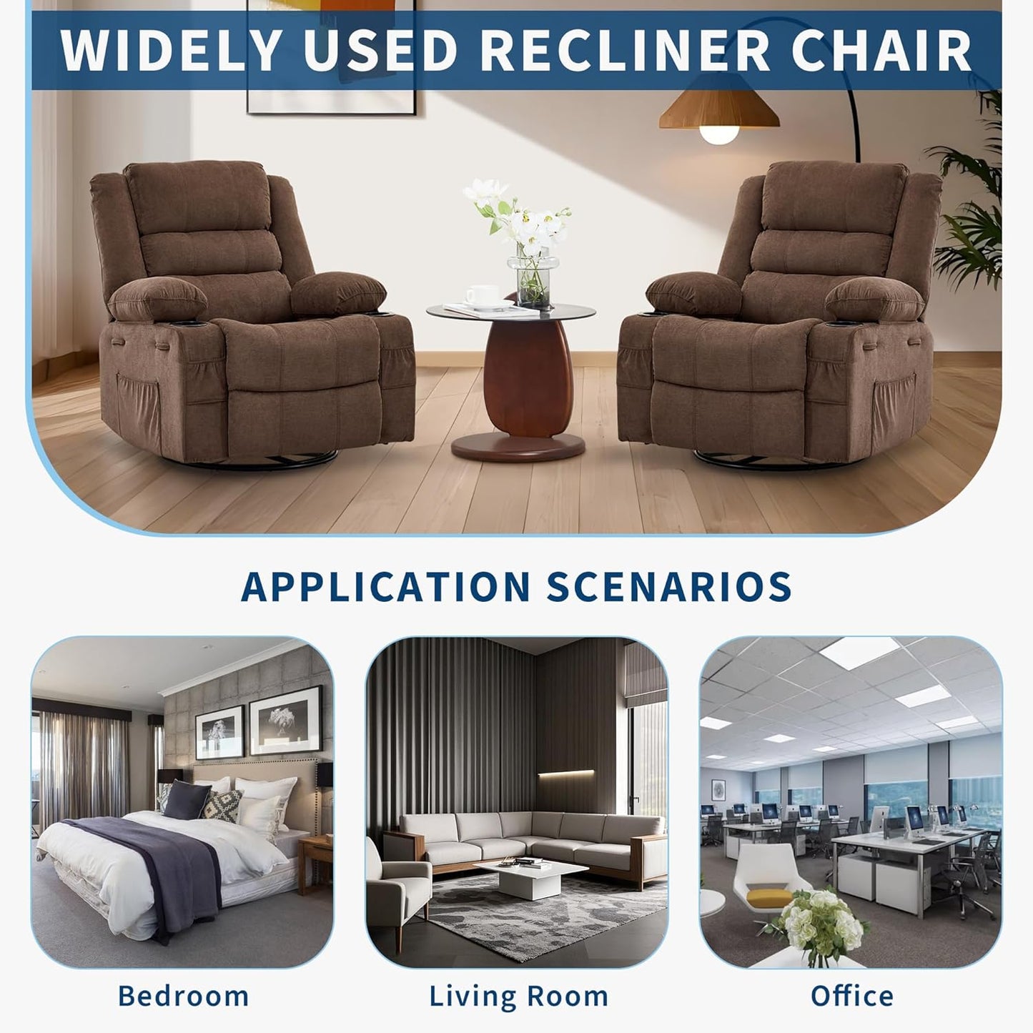 GarveeHome 360° Swivel Recliner Chair for Adult, Linen Rocker Chair with 3 Positions/2 Side Pockets/Cup Holders, Manual Nursery Glider Rocking Chair for Bedroom Living Room Office