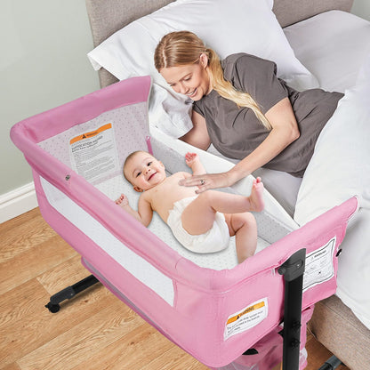 BIERUM Bassinet 4 in 1 - Bedside Bassinet for Baby, Height Adjustable Bassinet Bedside Crib with Lockable Wheels & Mosquito Nets, Large Storage Bag & Comfortable Mattresses Included.