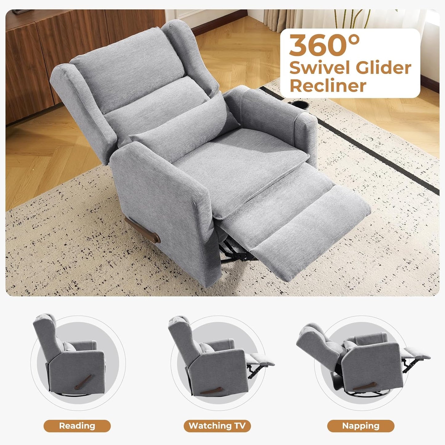 Large Glider Rocker Recliner,Rocking Chair Nursery with Adjustable Headrest,Swivel Rocker Recliner with Lumbar Support,Manual Nursery Rocker Recliner for Living Room& Bedroom,Chenille White