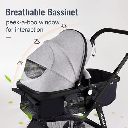 Baby Stroller, 2-in-1 Reversible Toddler Seat with Lie-Flat Mode, Foldable Infant Stroller with Canopy, One Button Brake, Adjustable Handle, Newborn Pushchair (Black B)