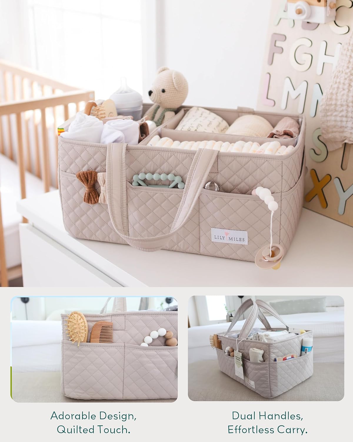 Lily Miles Baby Diaper Caddy Organizer, Quilted Nursery Storage Basket for Newborn Essentials and Diaper Changing Station, Gift for Baby Shower and Registry Must-Have (Willow Green)
