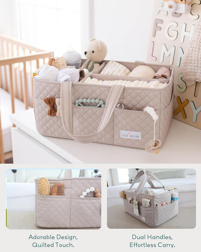 Lily Miles Baby Diaper Caddy Organizer, Quilted Nursery Storage Basket for Newborn Essentials and Diaper Changing Station, Gift for Baby Shower and Registry Must-Have (Willow Green)