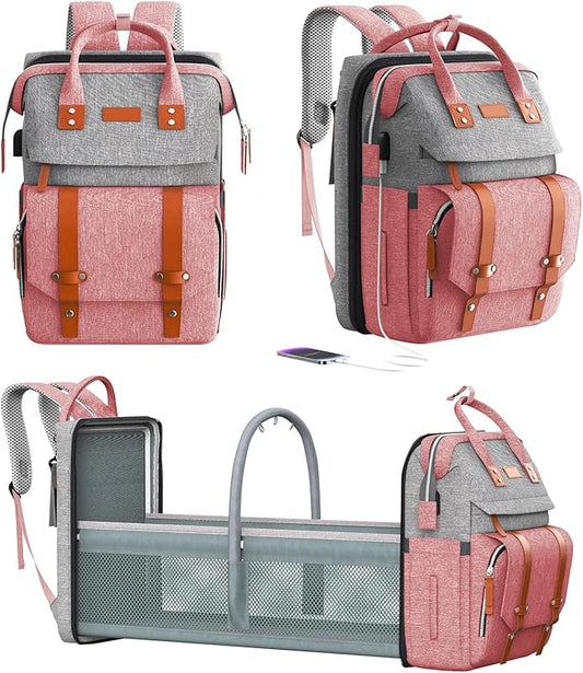 Diaper Bag Backpack with Changing Station, Large Diaper Bag, Multifunctional Diaper Bag, Baby Bag, PinkGray