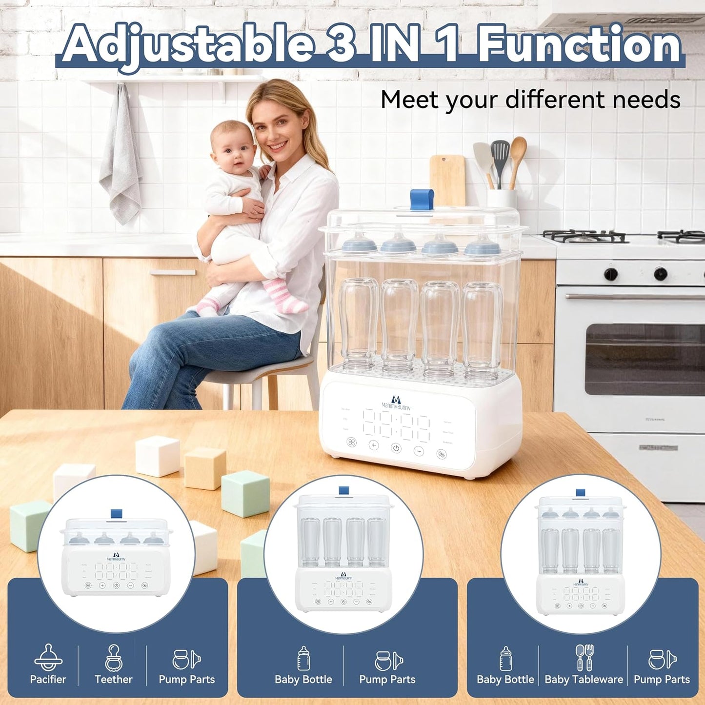 Mammy Bunny 3-in-1 Baby Bottle Sterilizer and Dryer – 6 Smart Modes with Fast Drying, Food Warmer & Storage – Fits 6–8 Bottles, Pacifiers & Pump Parts – BPA-Free