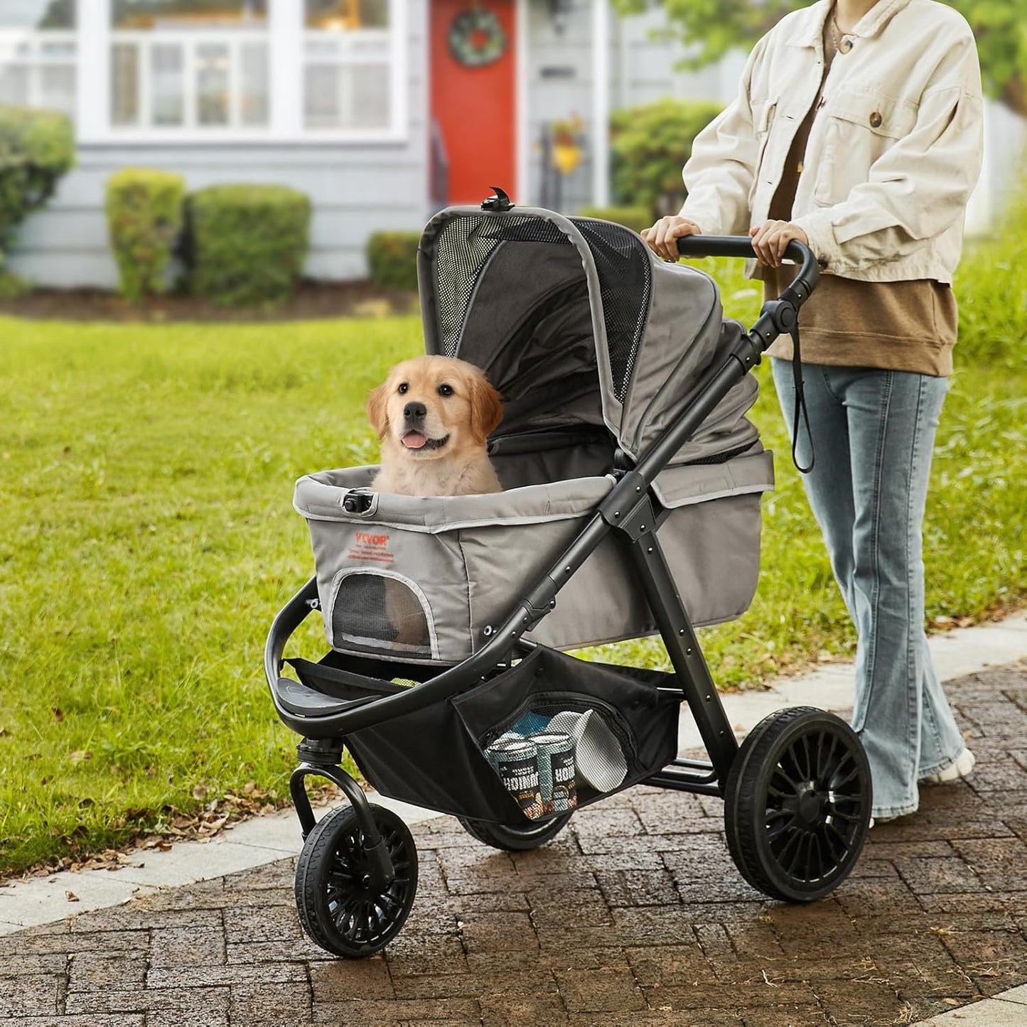 VEVOR Pet Stroller, 44 lbs Weight Capacity, Foldable Dog Cart, 4 Wheels Cats Stroller with Mesh Windows & Revrsible Handle, Portable Pet Carrier with Brake, for Small to Medium Pets