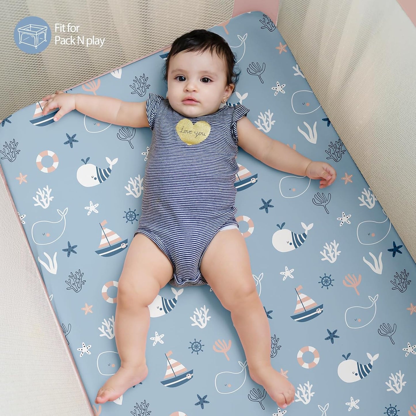 Baby Mini Crib Sheets Girl, Portable 38”x26” Pack and Play Sheets Fitted for Playard and Pack N Play Mattress, 3-Pack Soft Microfiber Pink Rainbow
