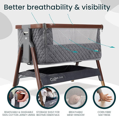 Tutti Bambini CoZee® Luxe Bedside Bassinet & Sleeper - Baby Bassinets Bedside Sleeper, Portable Crib & Adjustable Crib for Newborns, Travel Case, Must-Have Baby Essentials, 0-6 Months (Walnut/Slate)