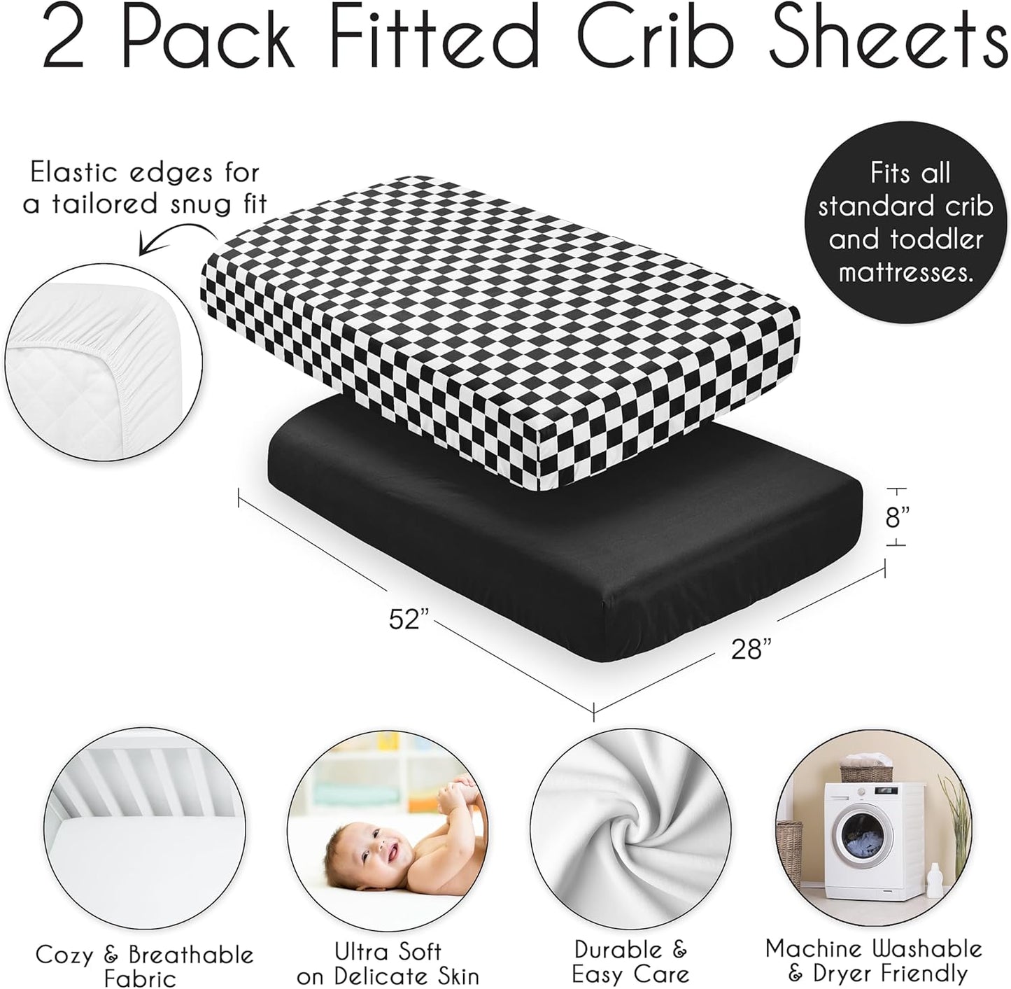 Sweet Jojo Designs 2-Piece Baby Bassinet Sheets Set (Black/White Gingham Checkered Plaid) for Boy/Girl, Infant Newborn Nursery, Oval, Rectangle & Hourglass Mattress (Solid Onyx & Classic Checkerboard)