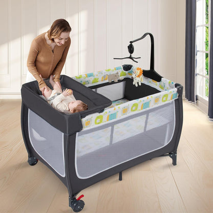 ANNA QUEEN 4 in 1 Pack and Play,Portable Baby Crib Deluxe Nursery Center, Foldable Travel Playard,Adjustable Canopy,Music Box,Changing Table for Newborn, Infant,Toddler