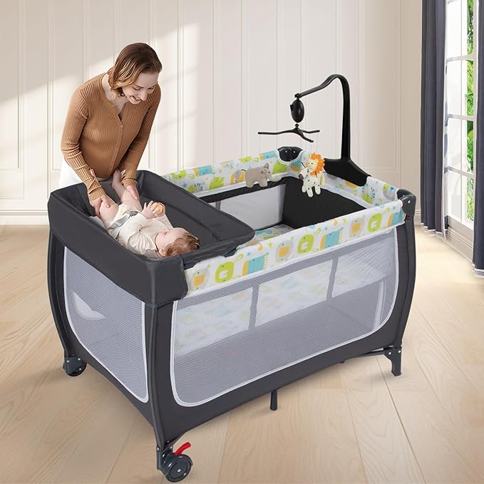 ANNA QUEEN 4 in 1 Pack and Play,Portable Baby Crib Deluxe Nursery Center, Foldable Travel Playard,Adjustable Canopy,Music Box,Changing Table for Newborn, Infant,Toddler
