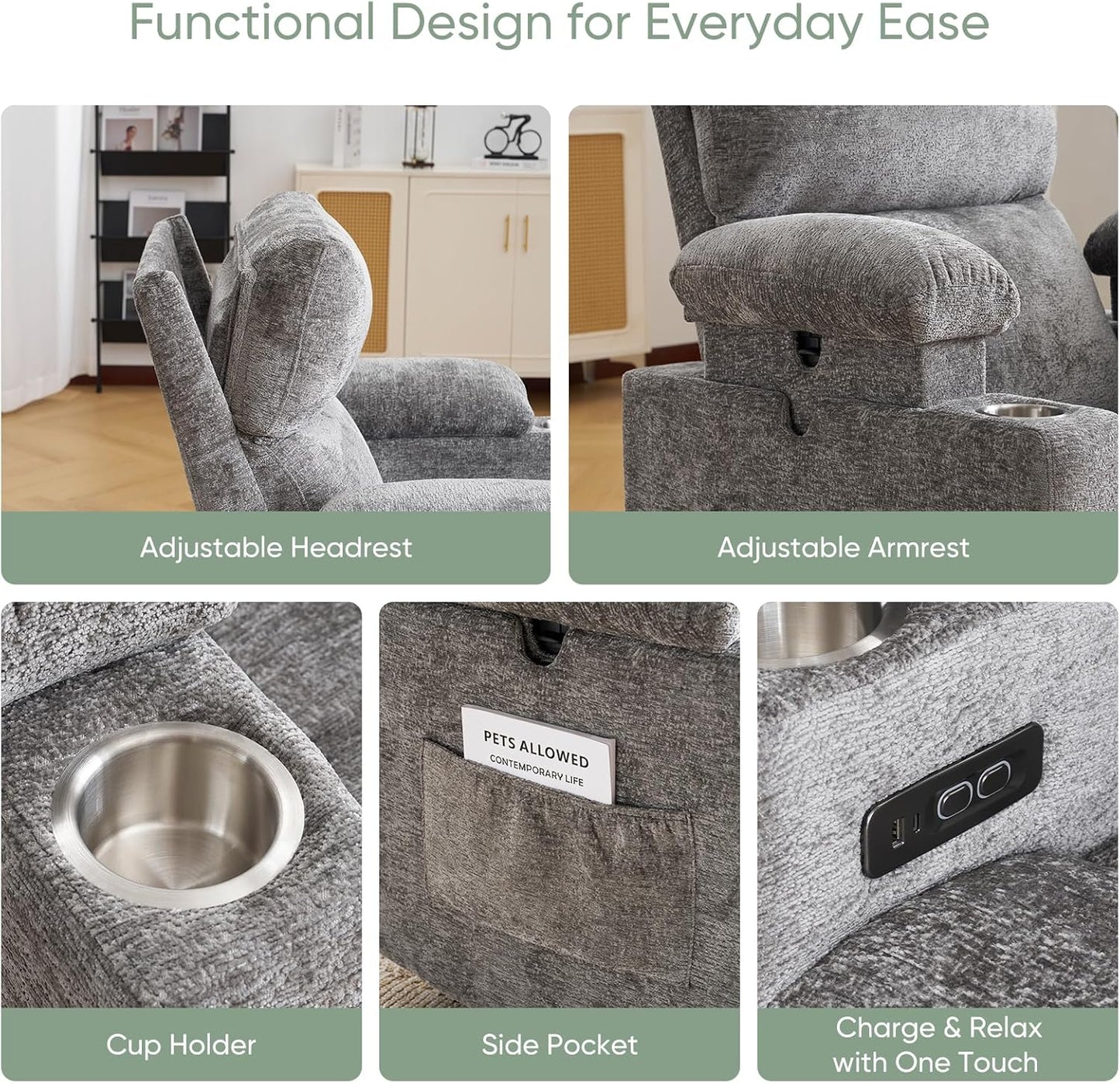 Rocking Chair Nursery with Adjustable Armrest for Breastfeeding, Glider Recliner Nursery Chair with Massage and Heat, Power Swivel Rocker Recliner with Adjustable Headrest, Corduroy, Beige
