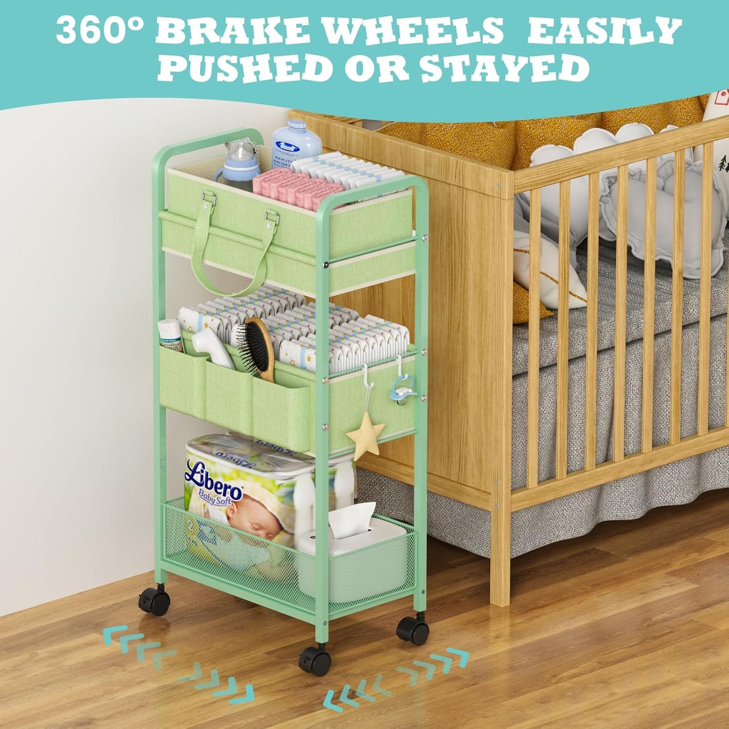 LIDTOP 2In1 Baby Diaper Caddy & 3-Tier Rolling Diaper Cart, Diaper Caddy Organizer Cart with Dividers, Mobile Metal Utility Cart for Nursery Essentials, Detachable Bedside Cart, Large Capacity