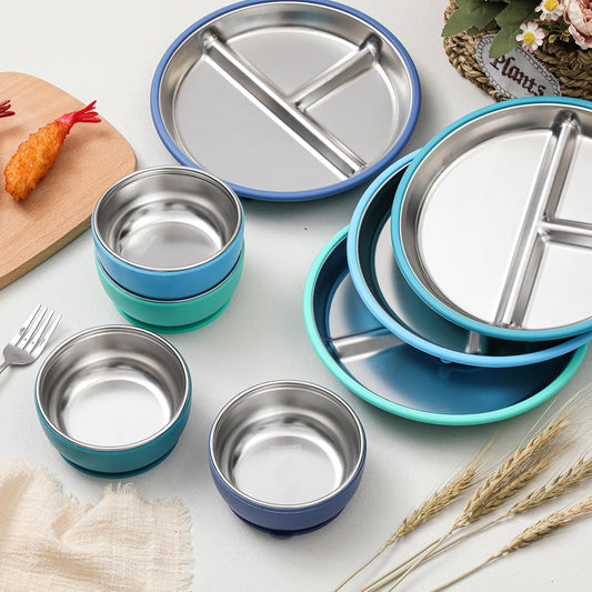 Havawish 8 Pcs Stainless Steel Baby Plate and Bowls with Suction, 8.3" Kid Divided Plate and 4" Toddler Bowl with Removable Silicone, BPA-free Non-slip Baby Feed Set Dishwasher Safe for Boy Girl(Pink)