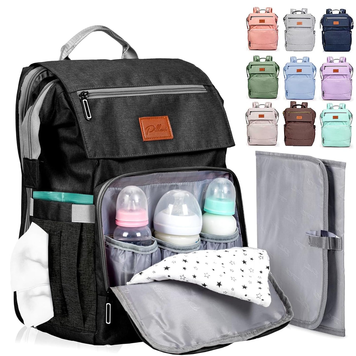 PILLANI Baby Diaper Bag Backpack - Large Waterproof Travel Diaper Bag for Boys & Girls, 16 Organizer Pockets with Changing Pad, Insulated Bottle Pockets & Stroller Straps, Baby Shower Gifts, Dinosaur