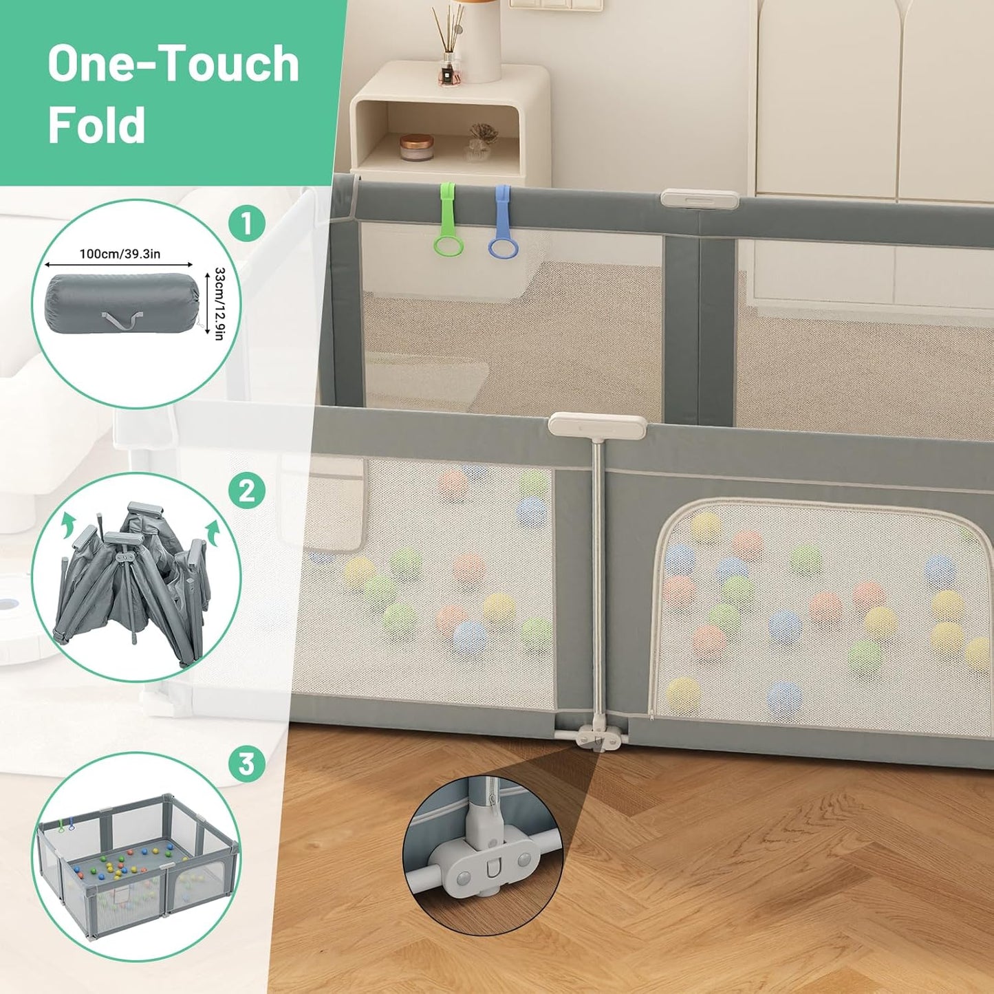Foldable Playpen for Babies and Toddlers, 51" Portable Play Pen with Mat and Ocean Balls, Play Yard with with Visible Mesh for Inddor and Outdoor, No Assembly Required, Dark Gray