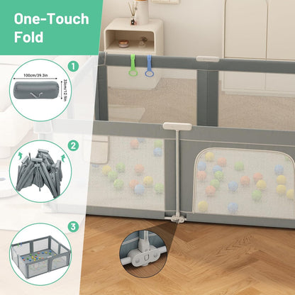 Foldable Playpen for Babies and Toddlers, 51" Portable Play Pen with Mat and Ocean Balls, Play Yard with with Visible Mesh for Inddor and Outdoor, No Assembly Required, Dark Gray