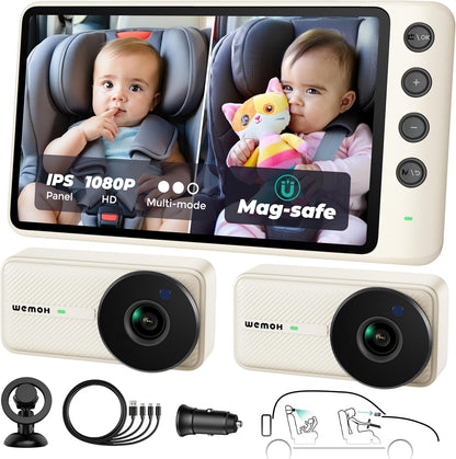 Magnetic Dual Baby Car Camera for Two Kids, 1080P IPS Display with Magnetic Mount, 3 Modes( Zoom/Mirror/Split ), Automatic Night Vision, USB-Powered Car Camera for Baby Rear Facing (2 Cams)