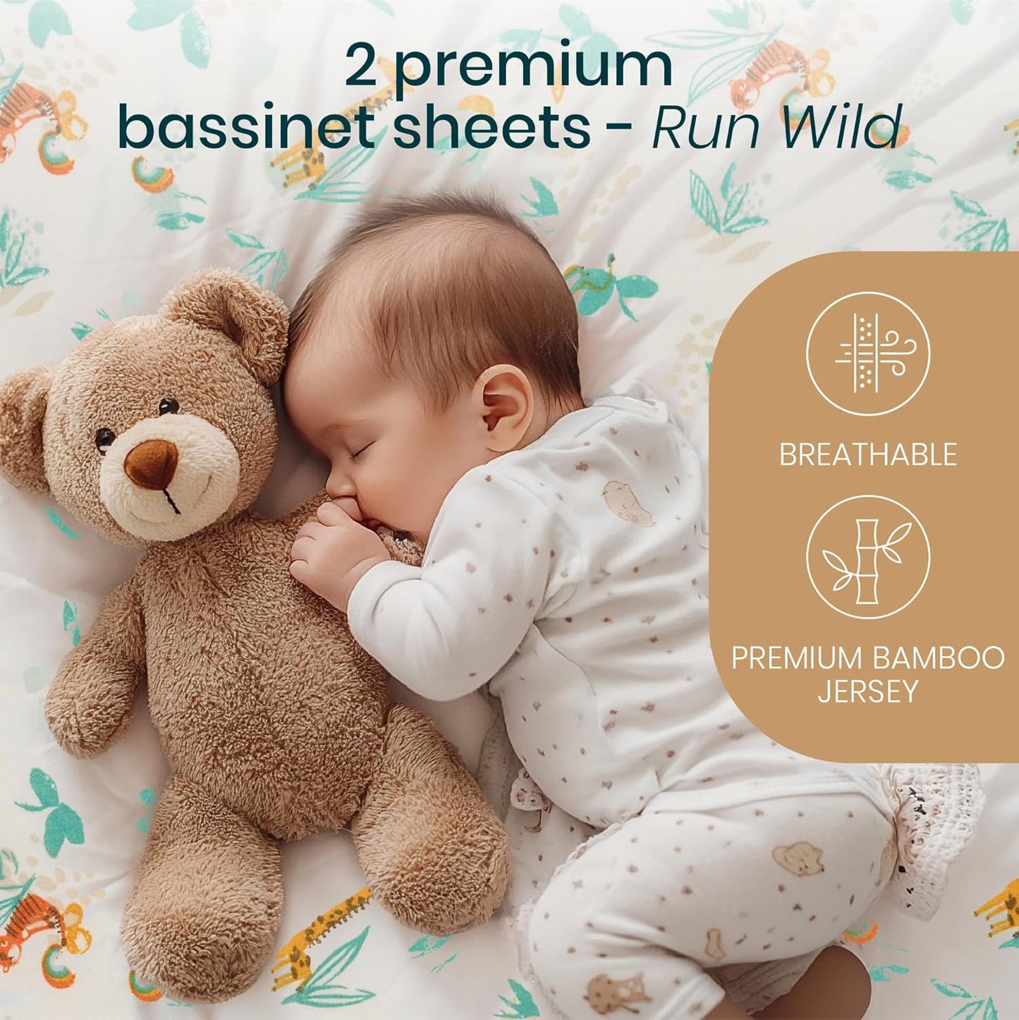 Tutti Bambini Premium Bassinet Sheets (2 Pack) - Soft & Breathable Bamboo Jersey, Double-Strength Bedside Sleeper Sheets, Fits Mattresses from 20.8 x 31.5 in to 23.6 x 35.4 in (Our Planet)