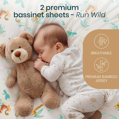 Tutti Bambini Premium Bassinet Sheets (2 Pack) - Soft & Breathable Bamboo Jersey, Double-Strength Bedside Sleeper Sheets, Fits Mattresses from 20.8 x 31.5 in to 23.6 x 35.4 in (Our Planet)