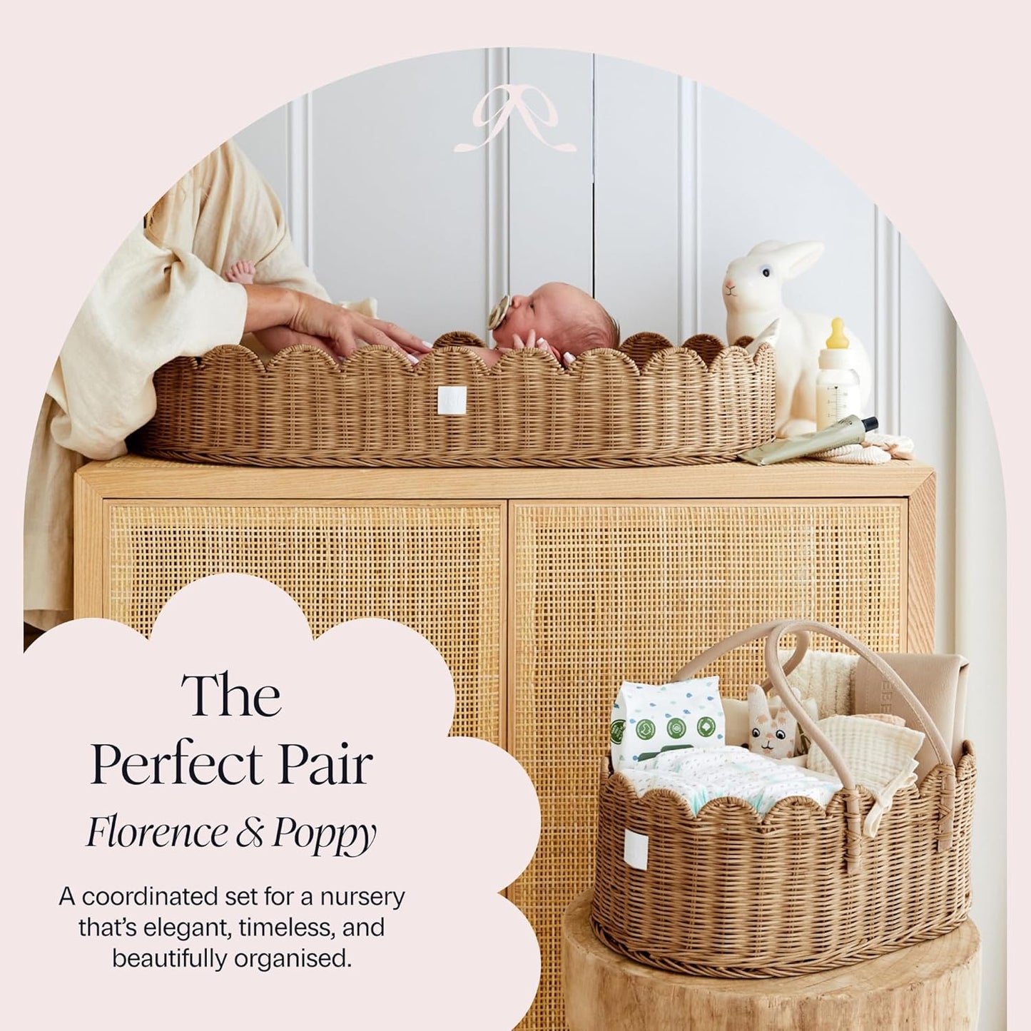 BEBE BASK Premium Baby Diaper Caddy Organizer - Handmade & Award-Winning Scalloped Rattan Basket - Luxury Diaper Caddy Basket - Elegant Scalloped Edge (Natural)