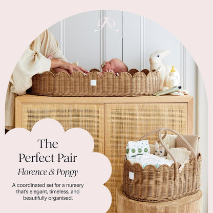 BEBE BASK Premium Baby Diaper Caddy Organizer - Handmade & Award-Winning Scalloped Rattan Basket - Luxury Diaper Caddy Basket - Elegant Scalloped Edge (Natural)