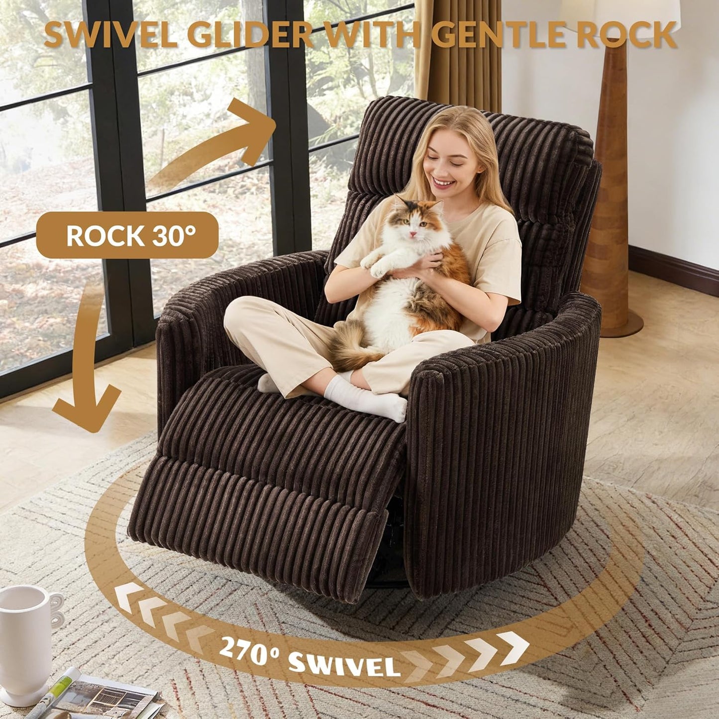 GRAINELL Oversize Power Swivel Recliner, 40in Wide Electric Glider Rocking Chair with Headrest Adjustment, USB Port, 270° Swivel, Rock 30° – for Living Room, Nursery, Black (5" 7' to 6" 1' Height)