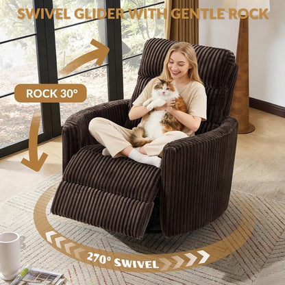 GRAINELL Oversize Power Swivel Recliner, 40in Wide Electric Glider Rocking Chair with Headrest Adjustment, USB Port, 270° Swivel, Rock 30° – for Living Room, Nursery, Black (5" 7' to 6" 1' Height)