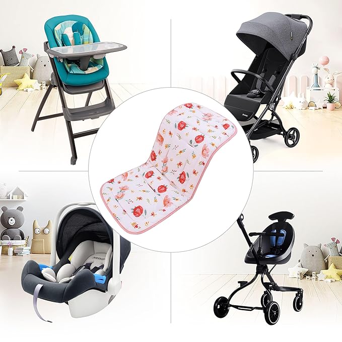 Baby Stroller Cushion,Infant Car Seat Insert-Reversible Universal Breathable and Soft Newborn seat Liner for Stroller,100% Cotton Seat Pad Liner for Newborns-34x78cm,1 Pack(Flowers+Pink)
