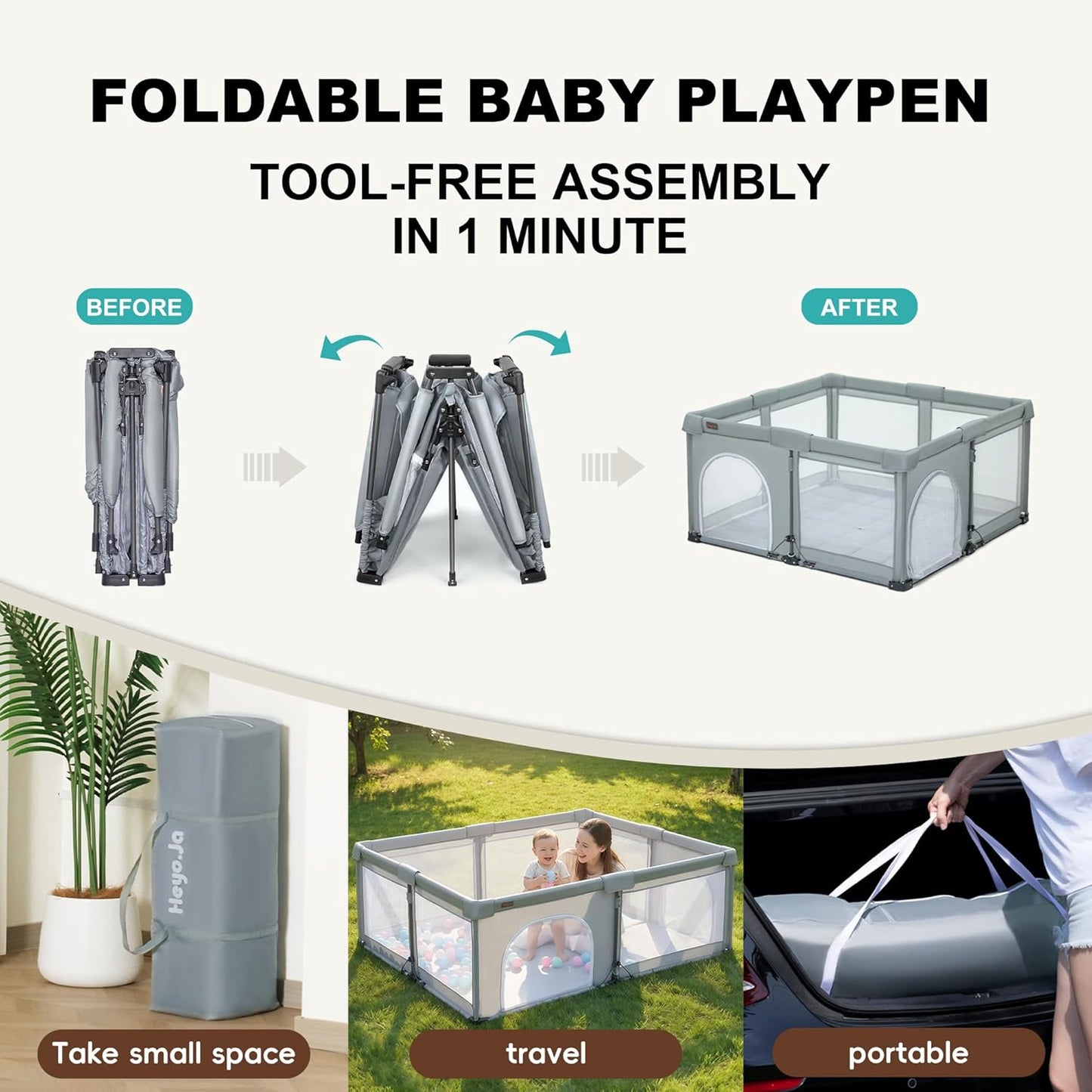 Baby Playpen Foldable, Heyo.Ja Large Play Yard, Playpen for Babies and Toddlers, Play Pens for Babies and Toddlers with Gate, Indoor & Outdoor Portable Play Pen (71"×59")