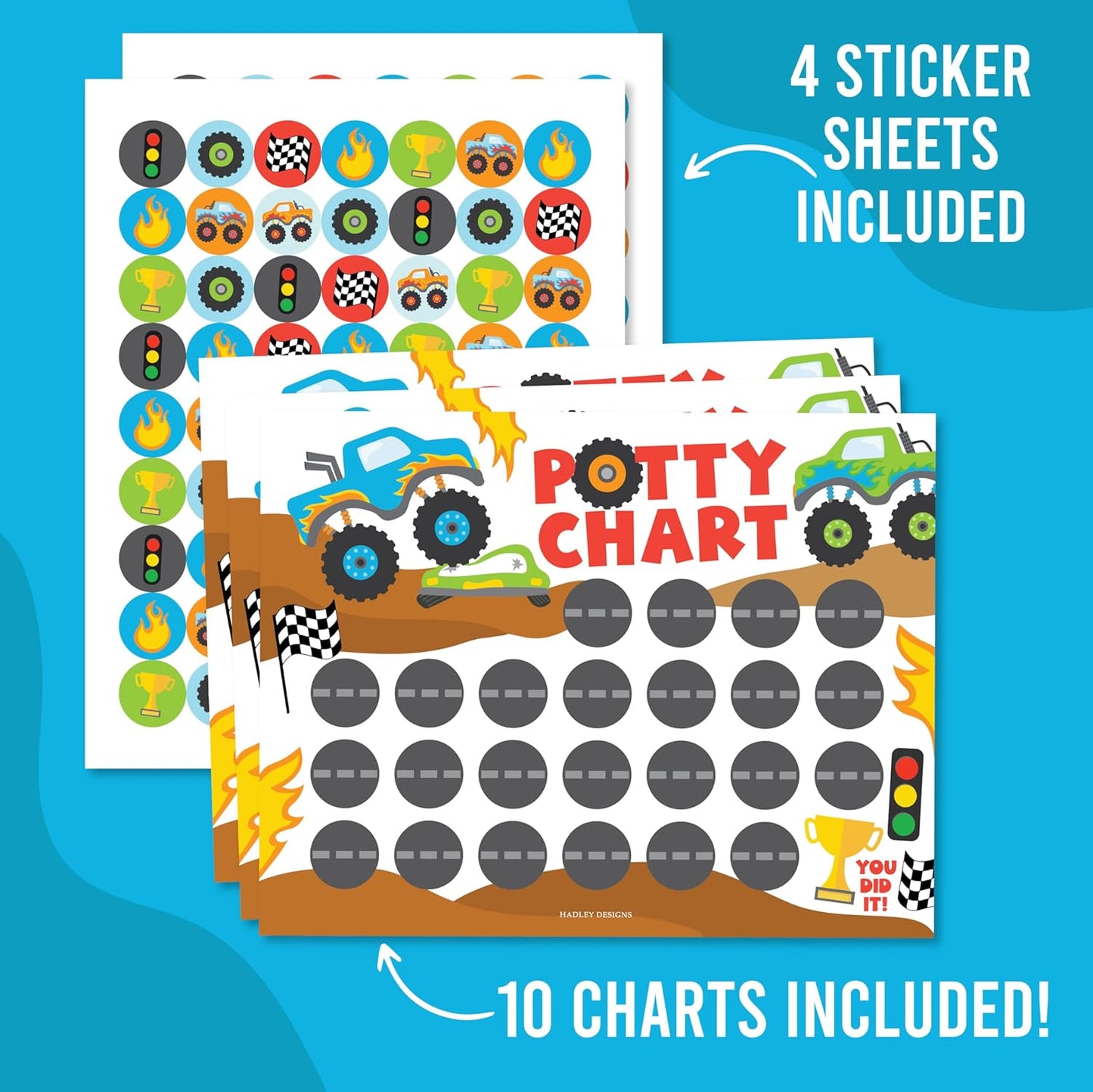 Hadley Designs Potty Training Chart for Toddlers Boys -10 Sticker Potty Chart for Toddlers Boys, 8.5x11" Potty Training Sticker Charts for Toilet Success, Monster Truck Toddler Reward Chart for Kids