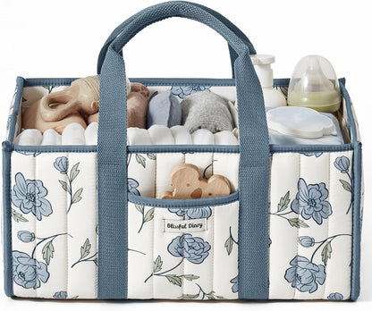 Blissful Diary Floral Diaper Caddy Organizer, Stylish Nursery Storage Basket, Gift for Baby Shower, Newborn Essentials, Floral Beige