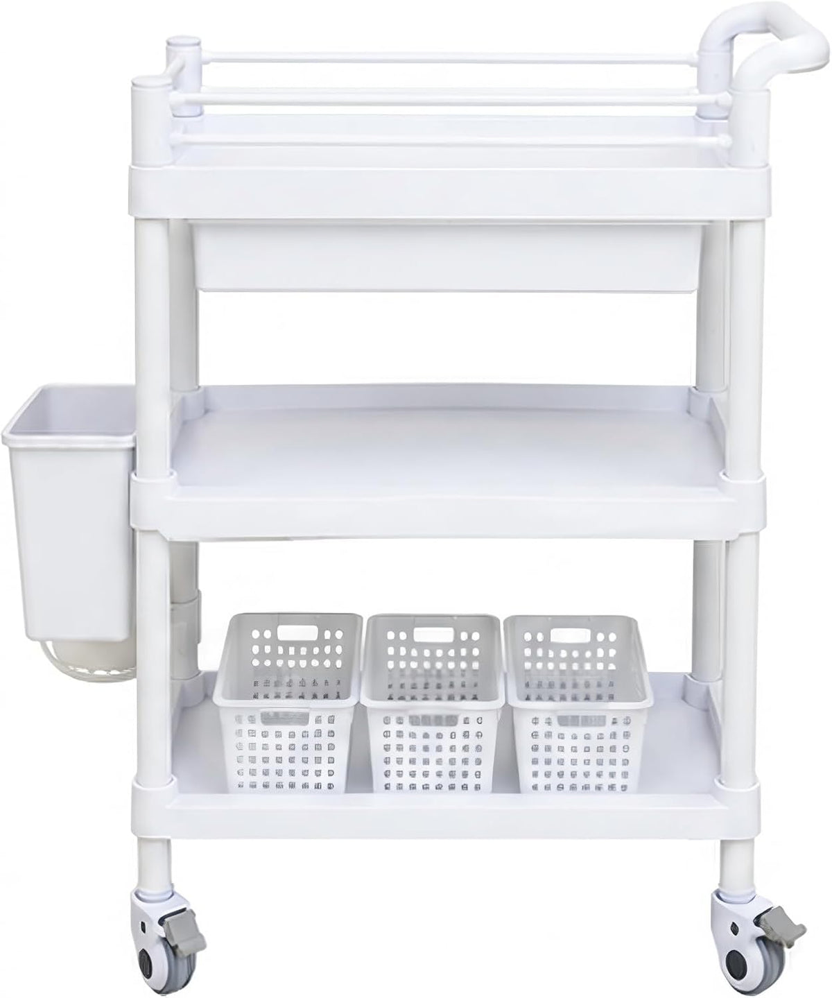 Three Tier Rolling Cart with Drawers, Mobile Postpartum Cart Organizer with Locking Wheels, Removable Baskets and Side Storage for Bathroom, Nursery, Clinic, Salon and Home