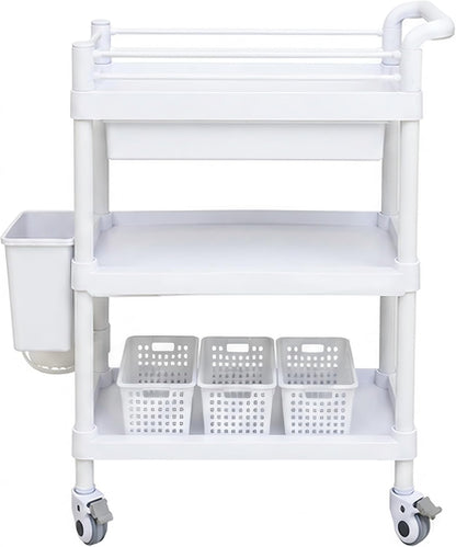 Three Tier Rolling Cart with Drawers, Mobile Postpartum Cart Organizer with Locking Wheels, Removable Baskets and Side Storage for Bathroom, Nursery, Clinic, Salon and Home