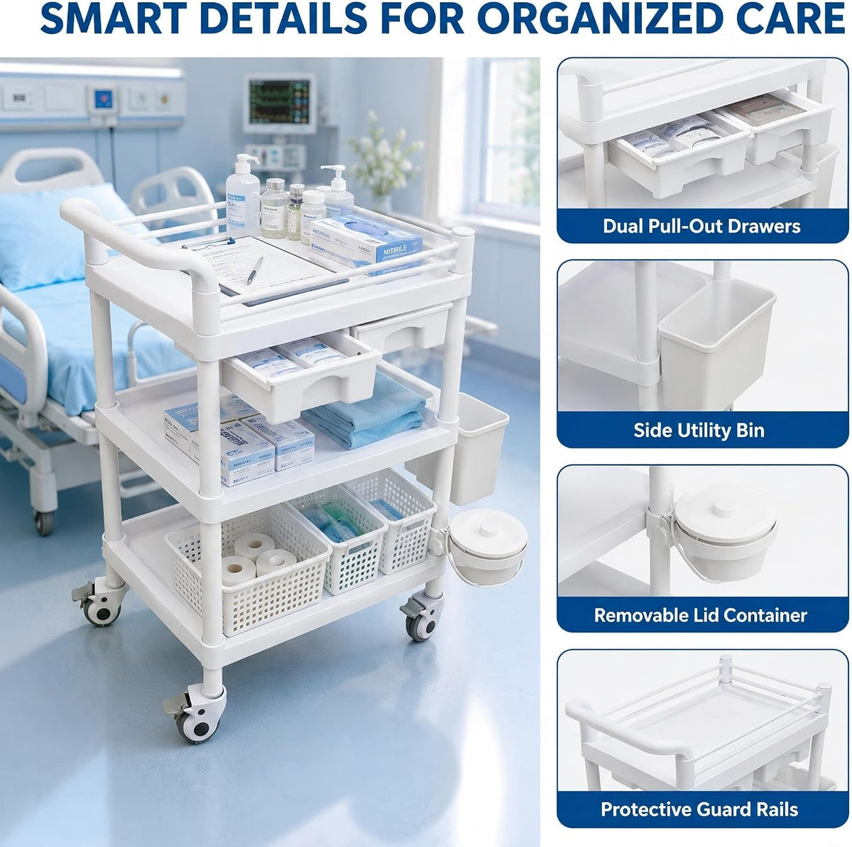 Three Tier Rolling Cart with Drawers, Mobile Postpartum Cart Organizer with Locking Wheels, Removable Baskets and Side Storage for Bathroom, Nursery, Clinic, Salon and Home