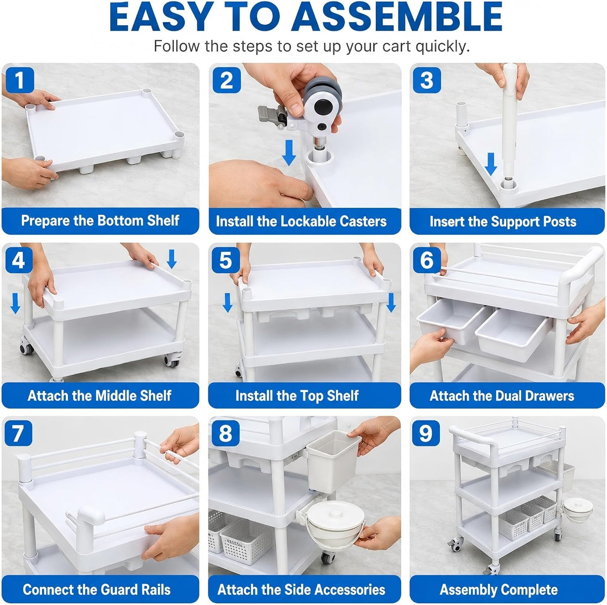 Three Tier Rolling Cart with Drawers, Mobile Postpartum Cart Organizer with Locking Wheels, Removable Baskets and Side Storage for Bathroom, Nursery, Clinic, Salon and Home